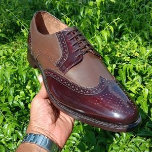 DLT Men's Hand Crafted (2) Tone Genuine Leather Wing Tip Goodyear Welted Oxfords